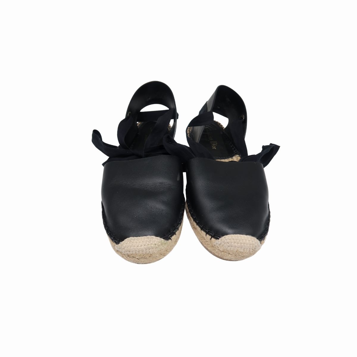 Christian Dior Ankle Strap Espadrille Flats Black Nicely-D Leather Size 39.5